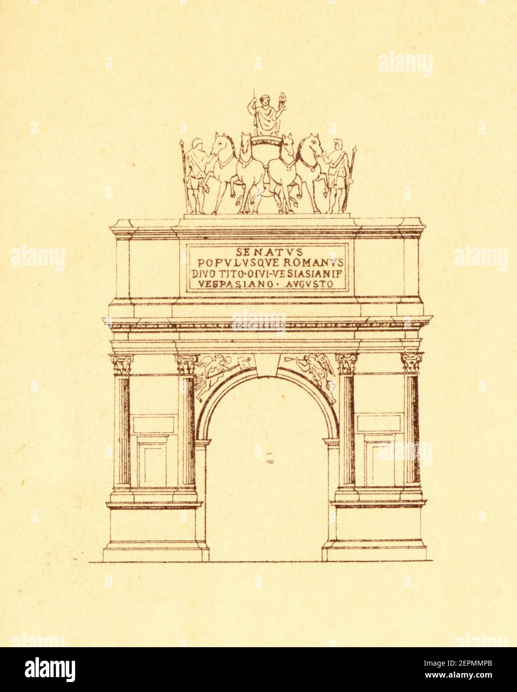 Antica illustrazione dell'arco di Tito a Roma. Incisione pubblicata in vergleichende Architektonische Formenlehre da Carl Scholtze, Lipsia, Foto Stock