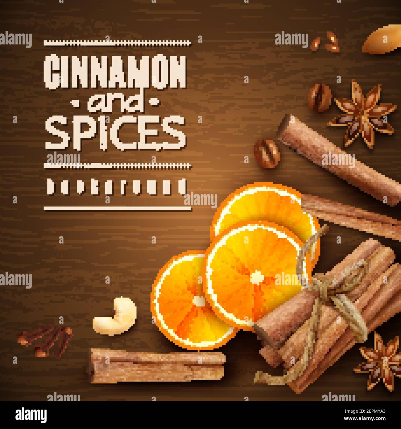 Bastoncini di cannella, fette di arancia, chicchi di caffè e spezie stelle di anice, chiodi di garofano su tessitura di legno sfondo illustrazione vettoriale Illustrazione Vettoriale