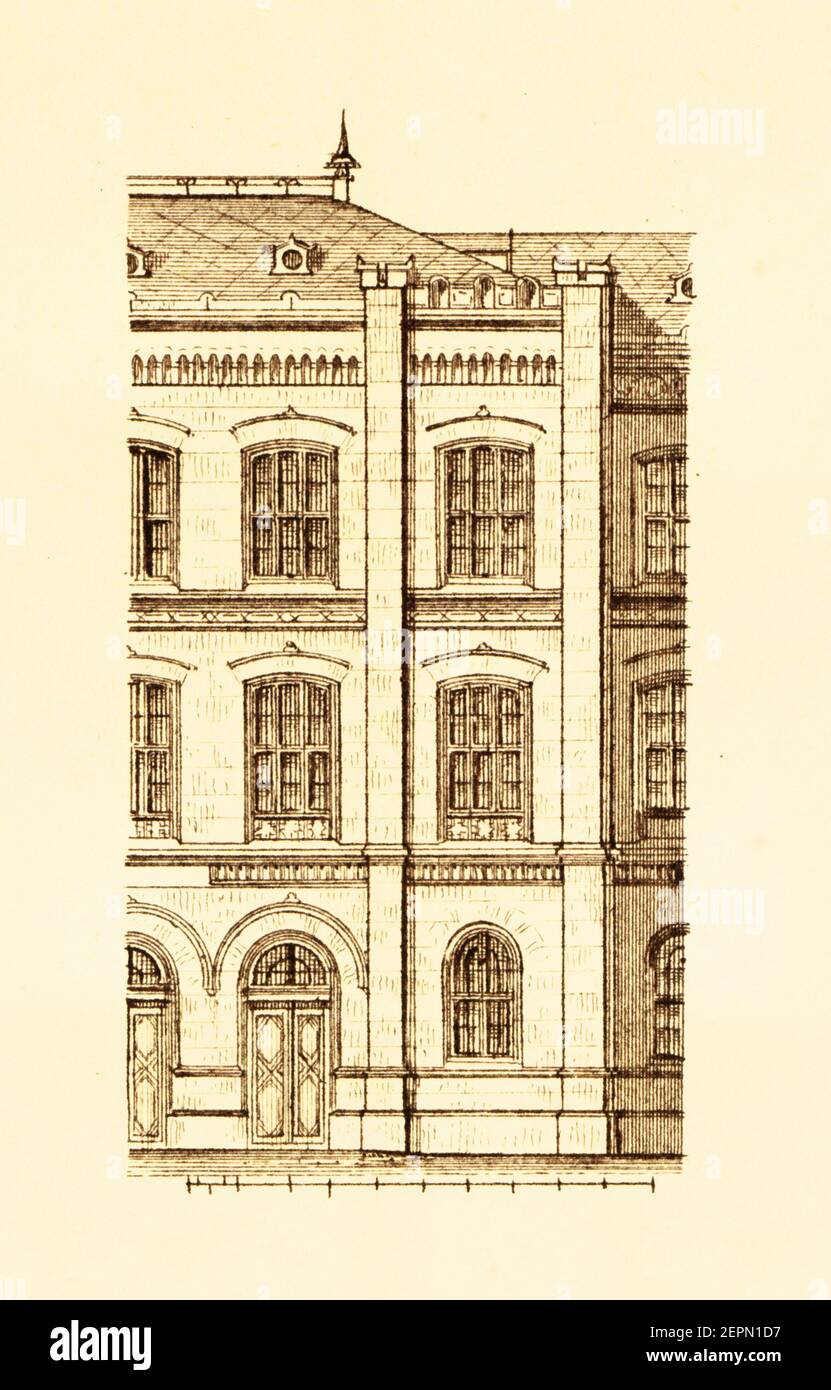 Incisione antica di realschule a Pilsen, Repubblica Ceca. È stato progettato da Moritz Hintrager nel 1866. Illustrazione pubblicata in argleichende Archit Foto Stock