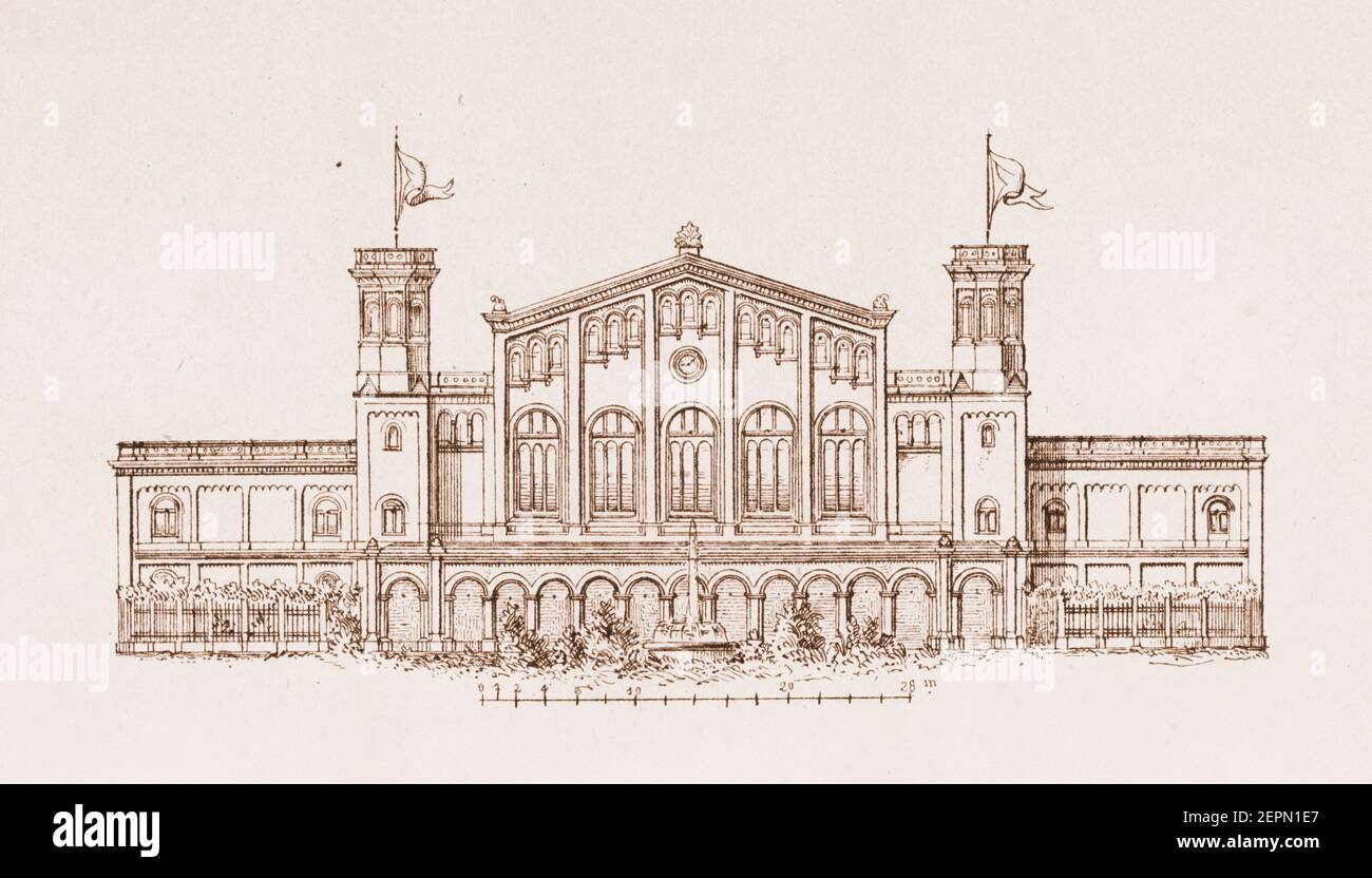 Antica illustrazione dell'edificio del terminal a Berlino, Germania (1870). Incisione pubblicata in vergleichende Architektonische Formenlehre di Carl Scholtz Foto Stock