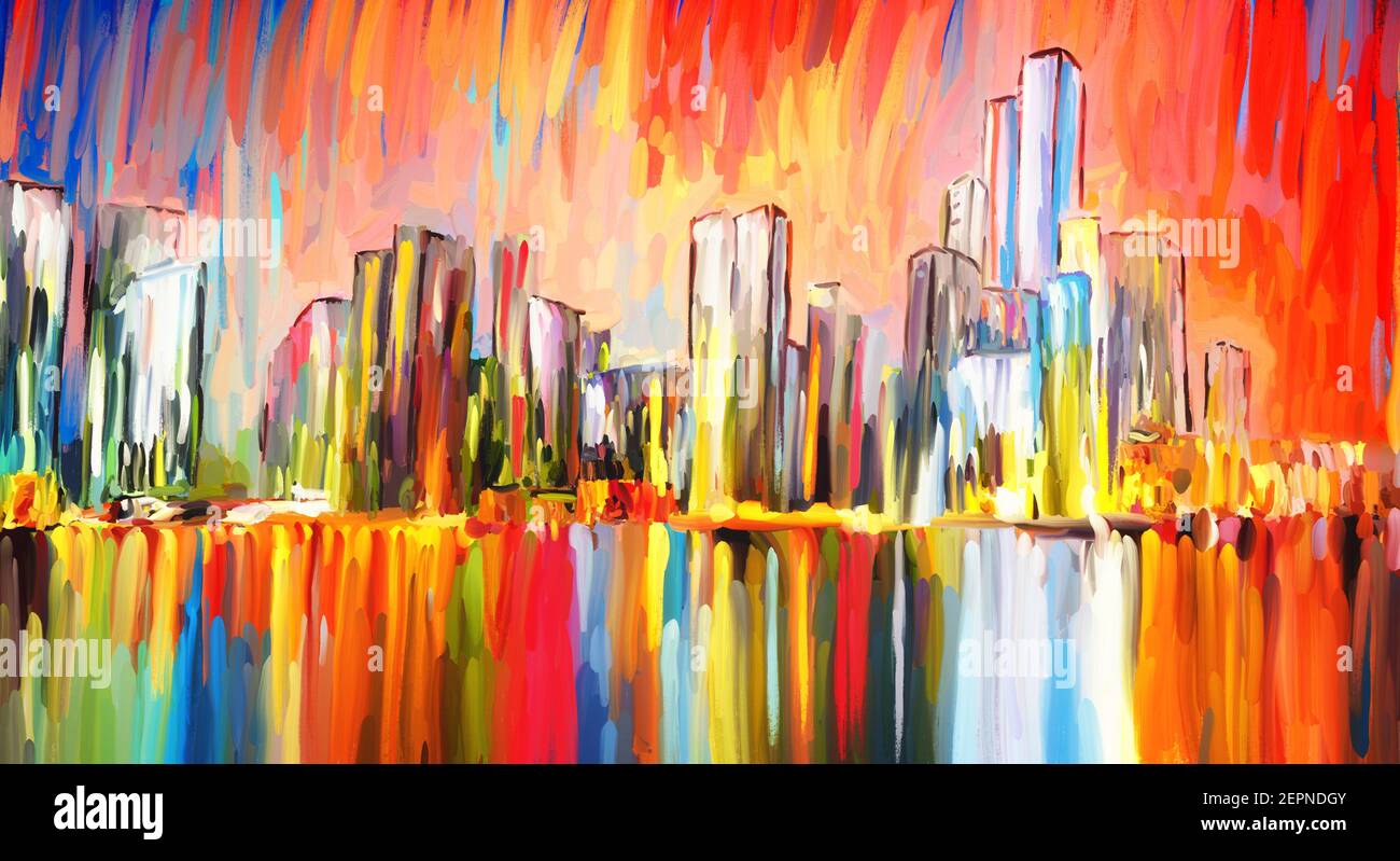 Astratto paesaggio skyline pittura città arte colore vibrante Foto Stock