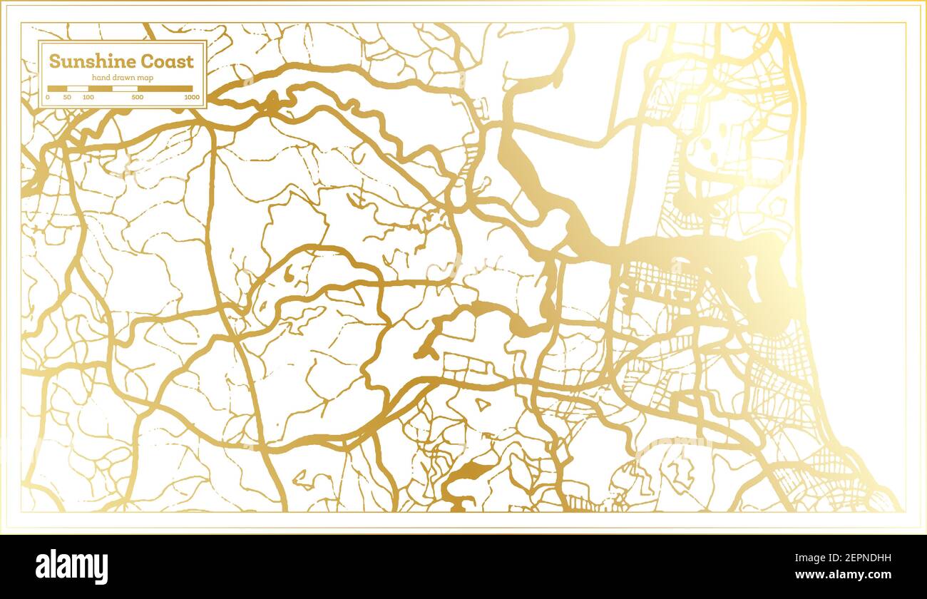 Sunshine Coast Australia Mappa della città in stile retro in Golden Color. Mappa di contorno. Illustrazione vettoriale. Illustrazione Vettoriale