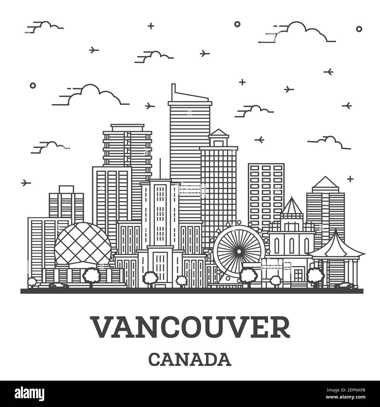 Delineare Vancouver Canada skyline della città con moderni edifici isolati su bianco. Illustrazione Vettoriale. Paesaggio urbano di Vancouver con punti di riferimento. Illustrazione Vettoriale