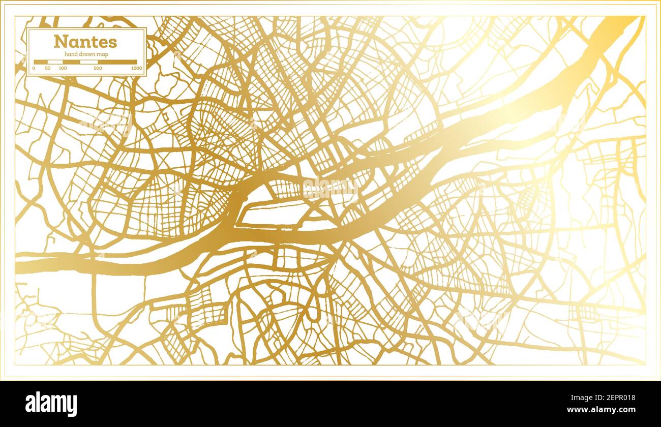 Nantes France Mappa della città in stile retro in colore dorato. Mappa di contorno. Illustrazione vettoriale. Illustrazione Vettoriale