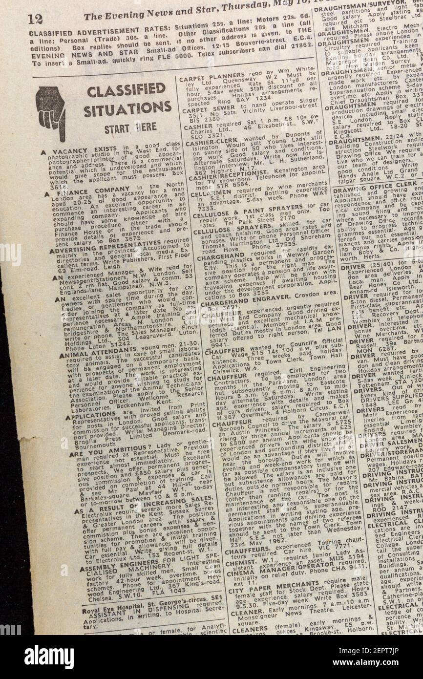 Sezione situazioni classificate nel quotidiano serale delle notizie (giovedì 10 maggio 1962), Londra, Regno Unito. Foto Stock