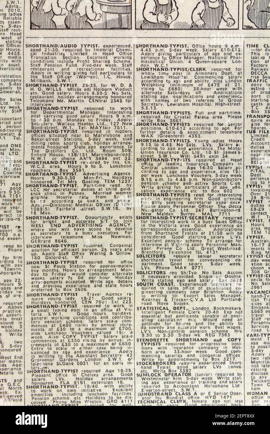Posti vacanti per le donne (storthand typists, stenorette shorthand, solicitors etc), Evening News Newspaper (giovedì 10 maggio 1962), Londra, Regno Unito. Foto Stock