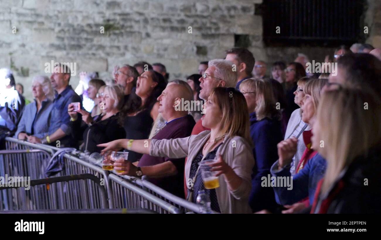 Folla di persone del pubblico che si godono una serata fuori in un festival di musica dal vivo. Foto Stock