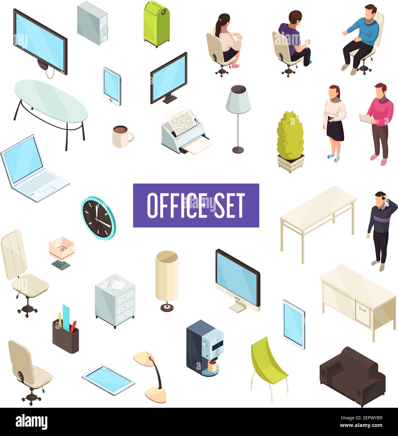 Ufficio lavoro mobili del personale computer tablet stampante macchina per caffè cassetti orologio lampade icone isometriche raccolta di illustrazioni vettoriali isolate Illustrazione Vettoriale