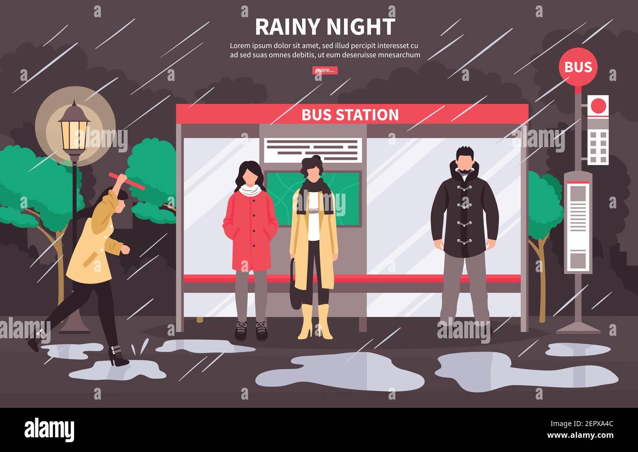 Poster della pagina web dei trasporti con cattive condizioni meteorologiche con persone in attesa fermata dell'autobus sulla notte piovosa illustrazione vettore Illustrazione Vettoriale