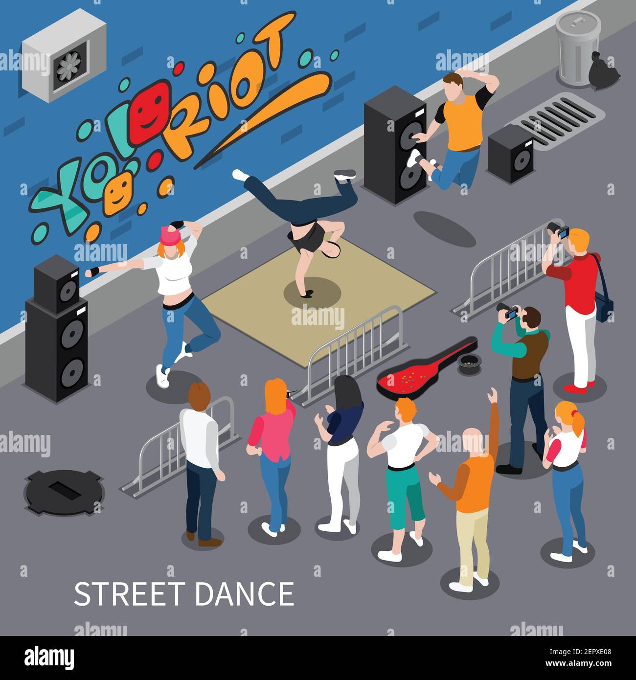 Artisti di danza di strada su sfondo graffiti composizione isometrica con apparecchiature audio, spettatori, illustrazione vettoriale Illustrazione Vettoriale