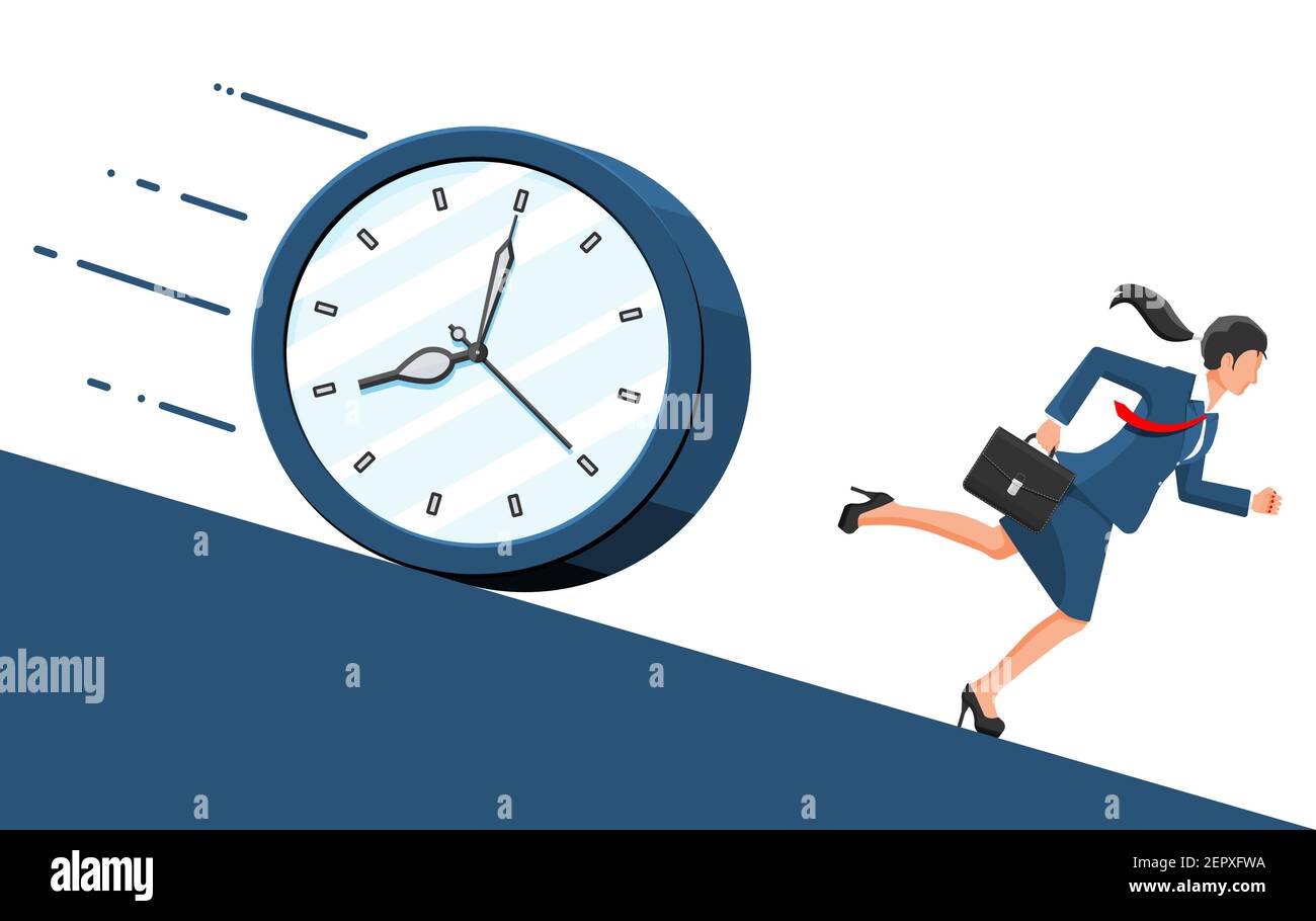 Orologio grande e donna d'affari è veloce corsa con la scollatura ondulata  e la valigetta. Donna di affari che si affretta a mettersi in tempo. Il  tempo è denaro. Illustrazione vettoriale piatta