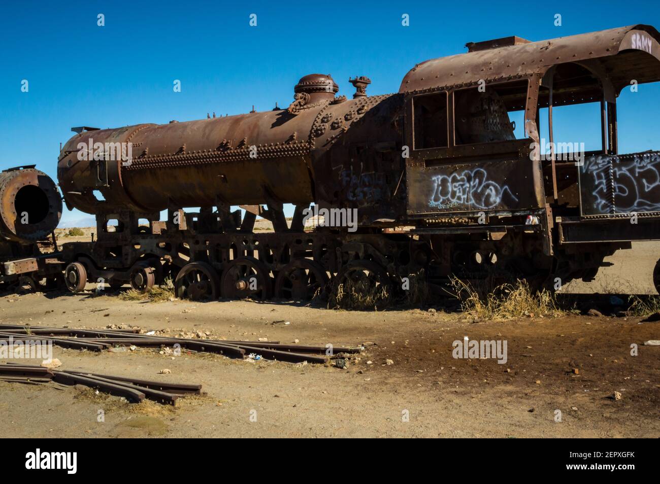 Treno il cimitero di Uyuni, Bolivia Foto Stock