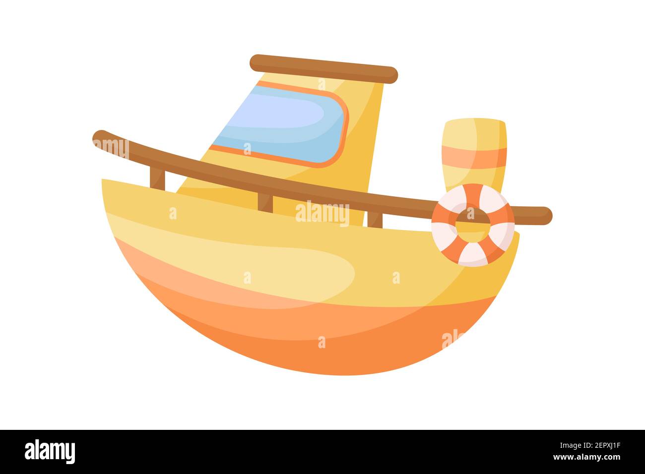 Carino giallo-arancione barca su sfondo bianco. Trasporto di cartoni animati per i bambini carte, baby doccia, invito di compleanno, interno della casa. Peperoncino di colore brillante Illustrazione Vettoriale