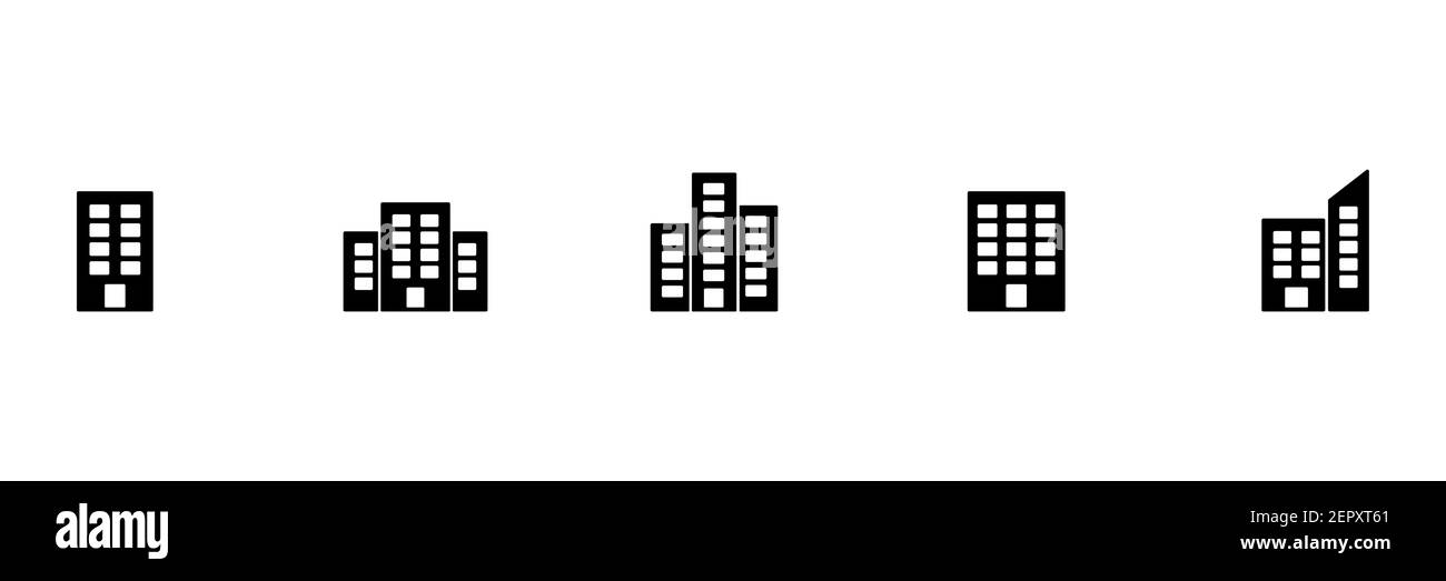 Icona insieme di edifici. Gruppo di simboli della silhouette della casa. Home nero forma segno collezione. Vettore isolato su bianco Illustrazione Vettoriale