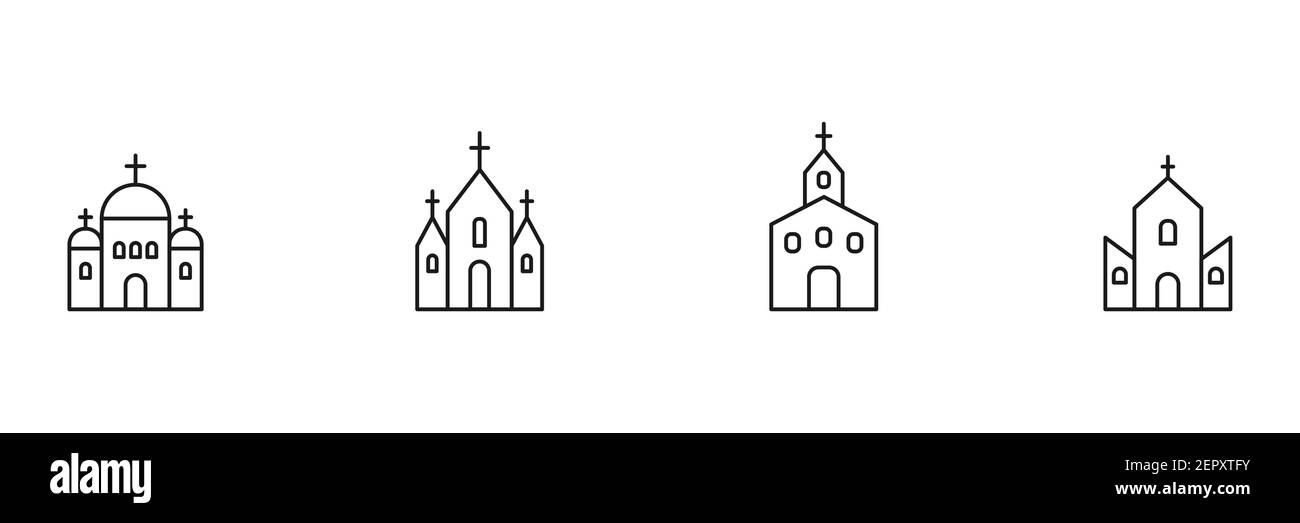 Set di icone della linea Chiesa. Simbolo nero del contorno della Chiesa. Collezione di segni per edifici lineari del luogo santo. Vettore isolato su bianco. Illustrazione Vettoriale