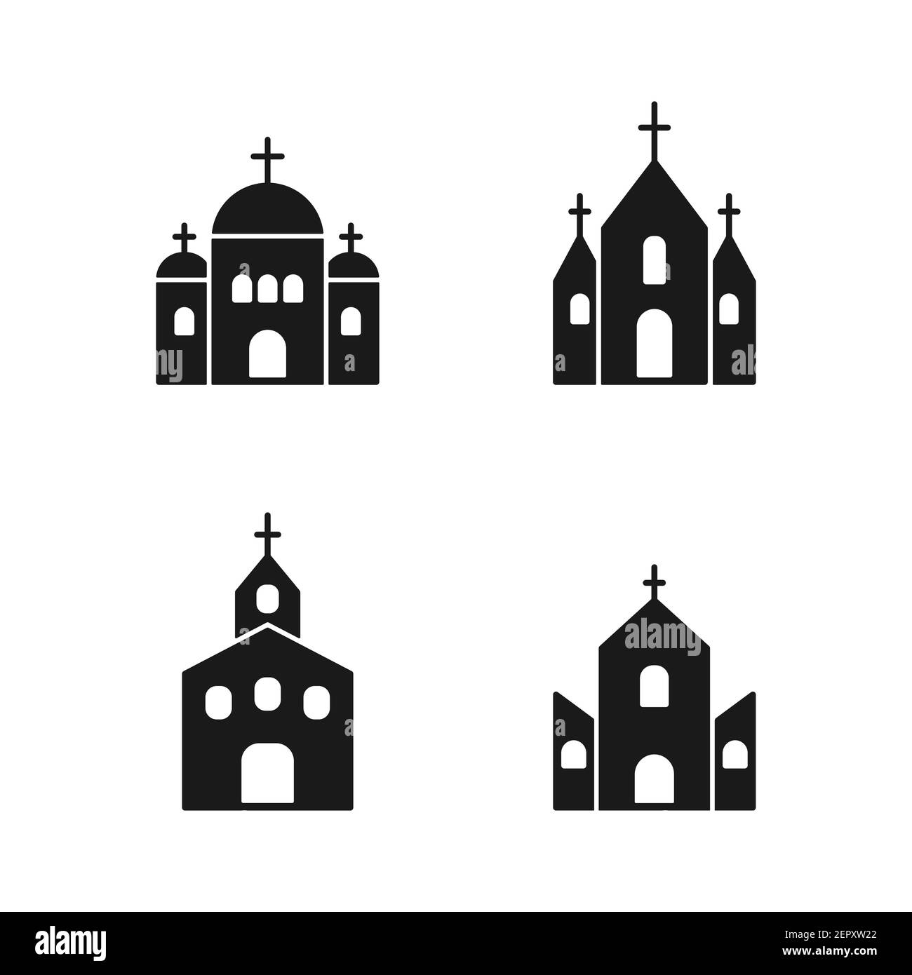 Insieme di icone della Chiesa. Simbolo nero del contorno della Chiesa. Collezione di cartelli per edifici con silhouette Holy Place. Vettore isolato su bianco. Illustrazione Vettoriale