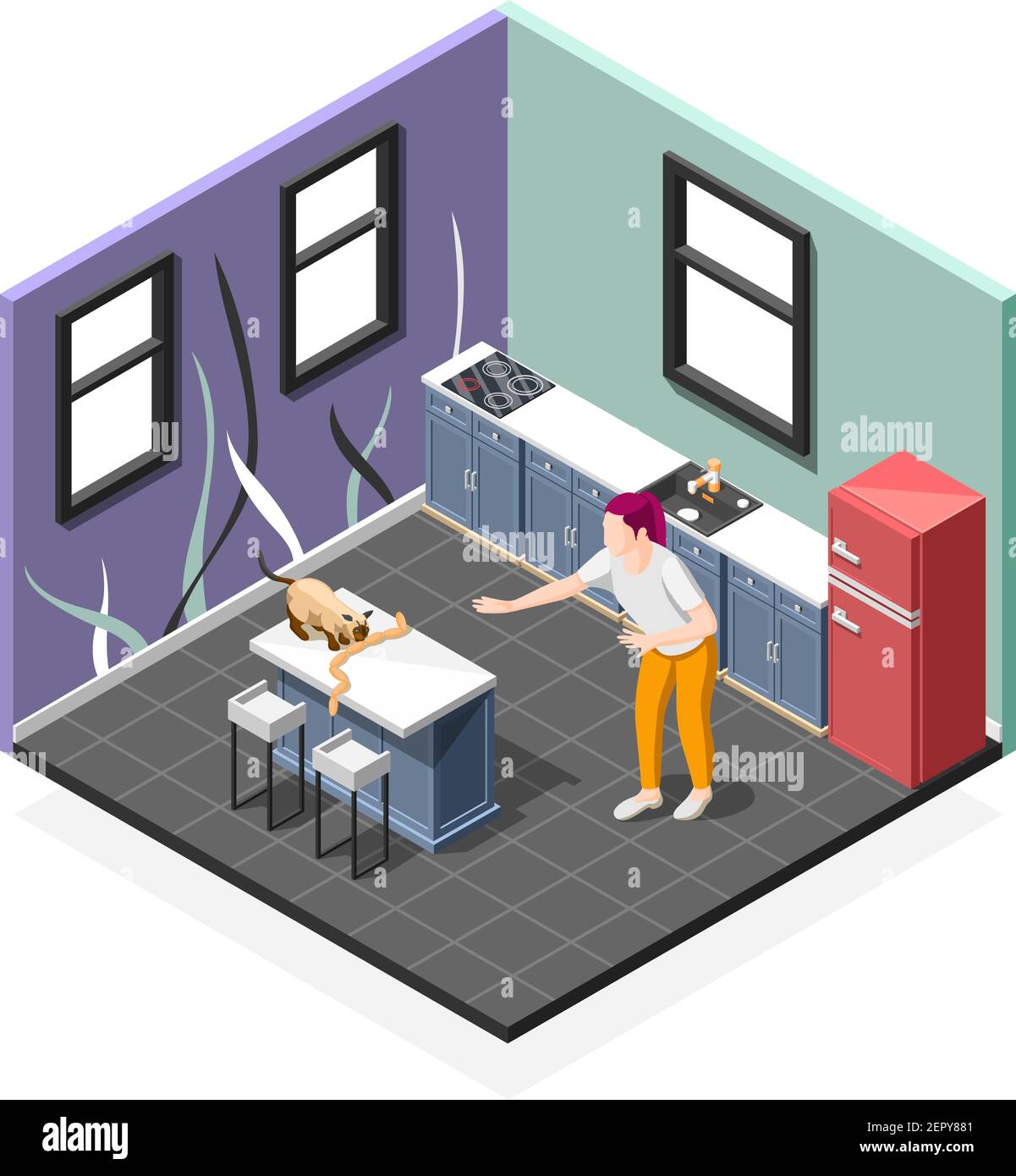 Pranks di composizione isometrica del gatto con la donna e l'animale domestico preoccupati durante il consumo di salsicce a illustrazione vettoriale cucina Illustrazione Vettoriale
