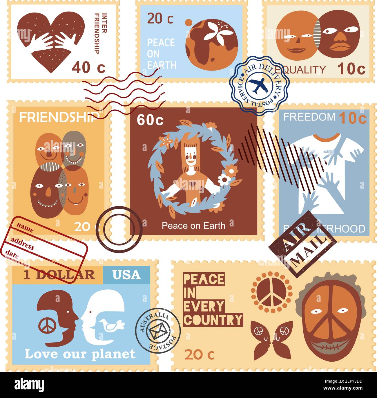 Amicizia internazionale pace libertà amore uguaglianza simboli di solidarietà sull'aria busta postale francobolli raccolta illustrazione vettoriale Illustrazione Vettoriale