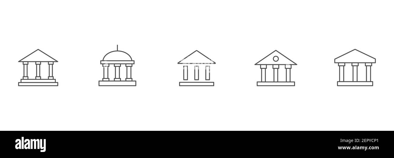 Edificio con colonne di contorno raccolta. Set di righe con l'icona della banca. Gruppo di simboli neri dell'università. Vettore isolato su bianco Illustrazione Vettoriale