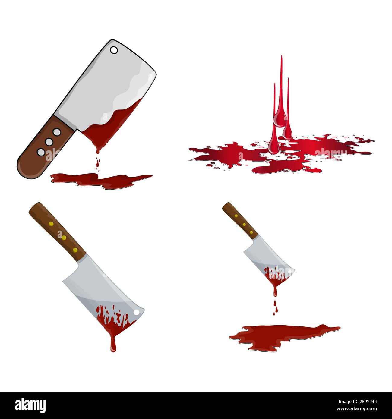 Lievito con set di icone del sangue. Macellaio sanguinante che usa per tagliare la carne. Illustrazione vettoriale isolata su sfondo bianco. Illustrazione Vettoriale