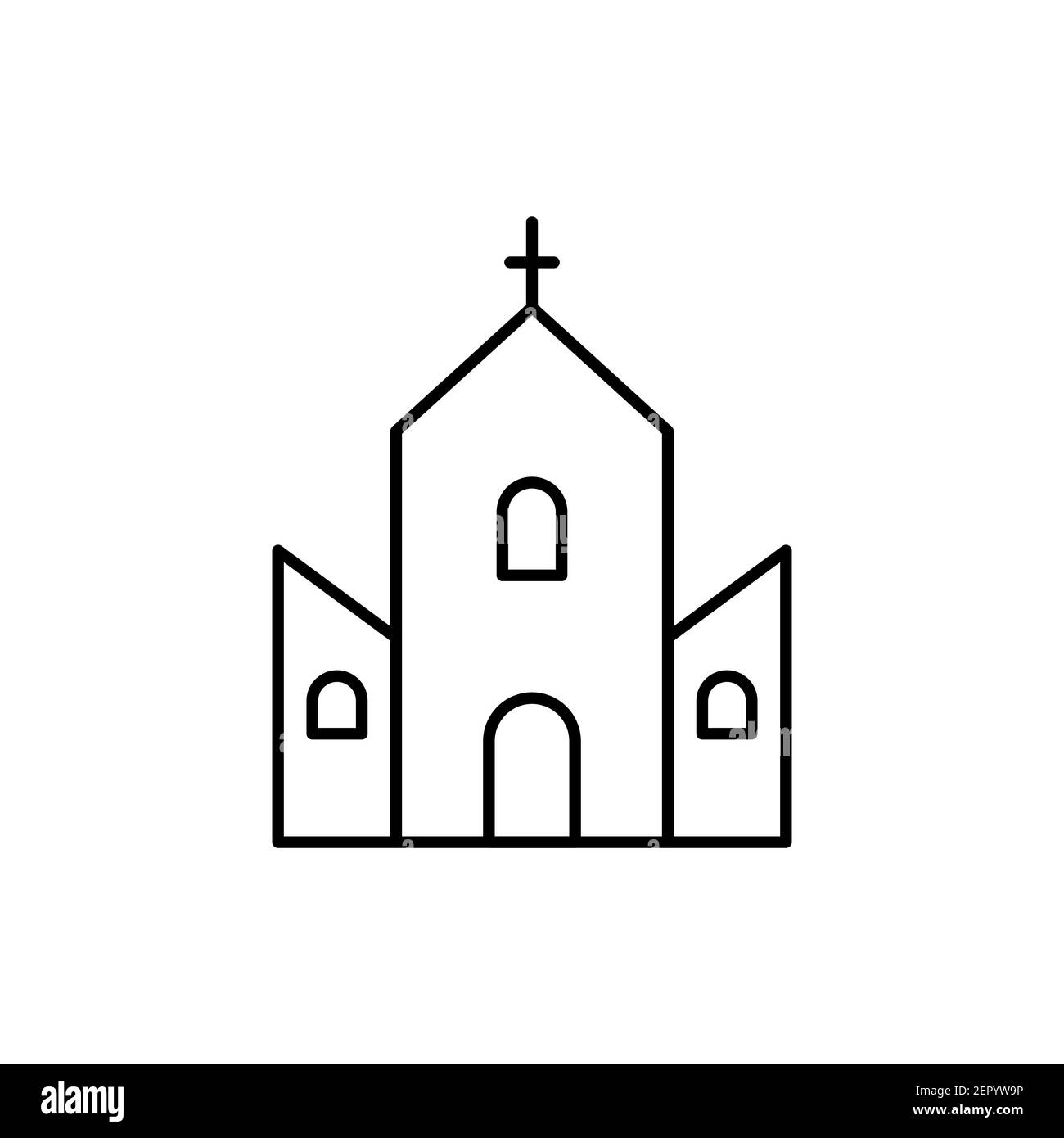 Icona della linea della Chiesa. Simbolo nero del contorno della Chiesa. Segno edificio del luogo santo. Vettore isolato su bianco. Illustrazione Vettoriale