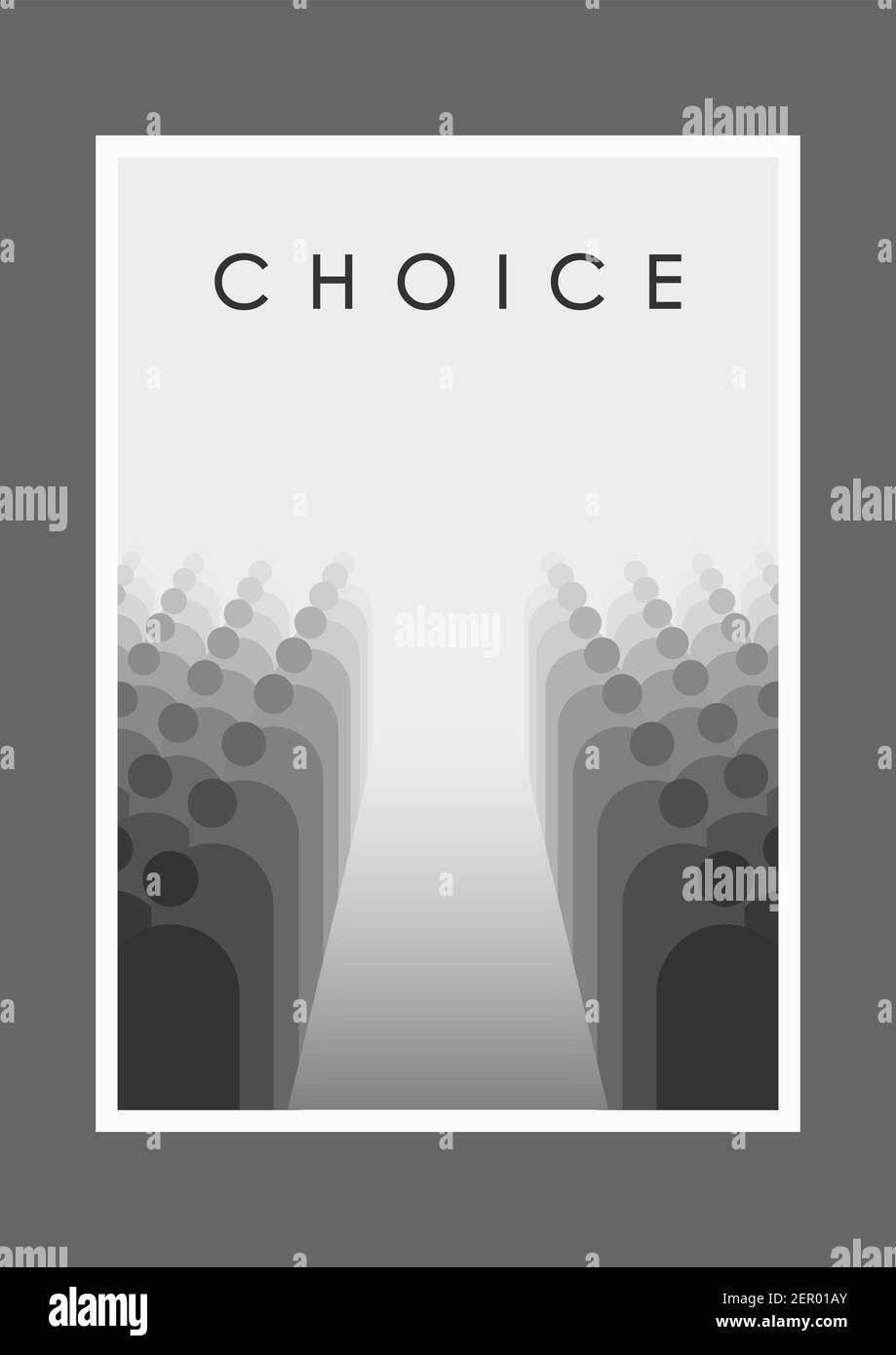 Design minimalista in bianco e nero per la copertura di una conferenza di ingegneria sociale e altri eventi, vettoriale. Il problema della scelta. Illustrazione Vettoriale