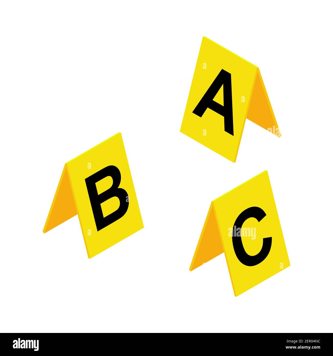 Simbolo dei marcatori di scena del crimine. Etichetta investigativa in plastica gialla con lettere A, B, C. illustrazione vettoriale Criminalistica isolata su bianco ba Illustrazione Vettoriale