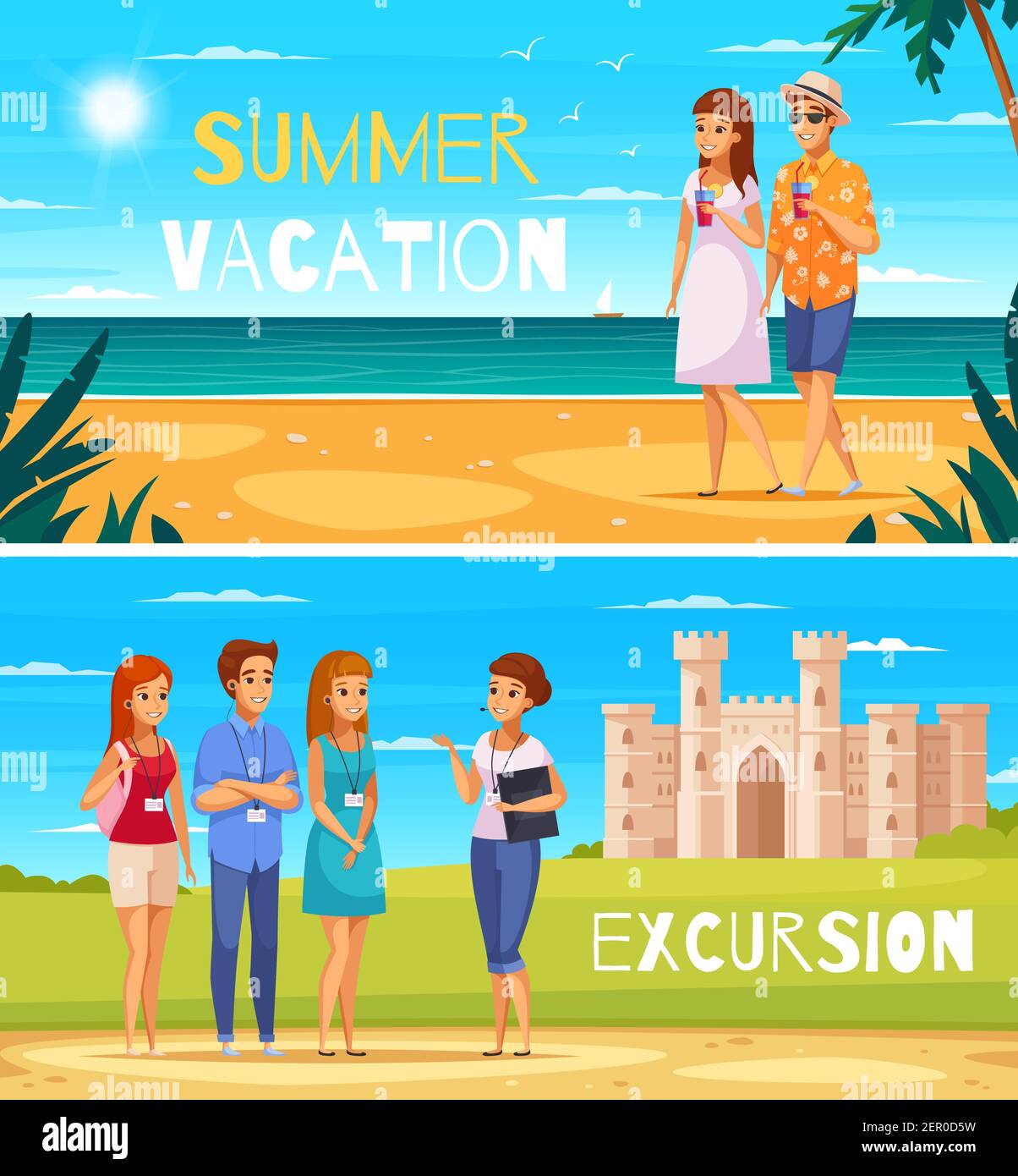 Agenzia di viaggi due bandiere con i giovani che camminano in estate sulla spiaggia e ascoltando la storia della guida sulle attrazioni storiche cartone animato illustrazione vettoriale Illustrazione Vettoriale