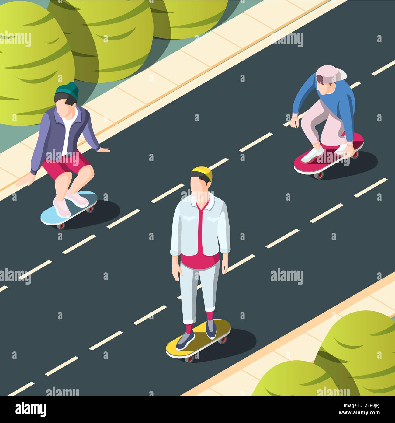 Skateboarding urbano di fondo con gli adolescenti su skateboards che cavalcano in città illustrazione vettoriale isometrica delle strade Illustrazione Vettoriale