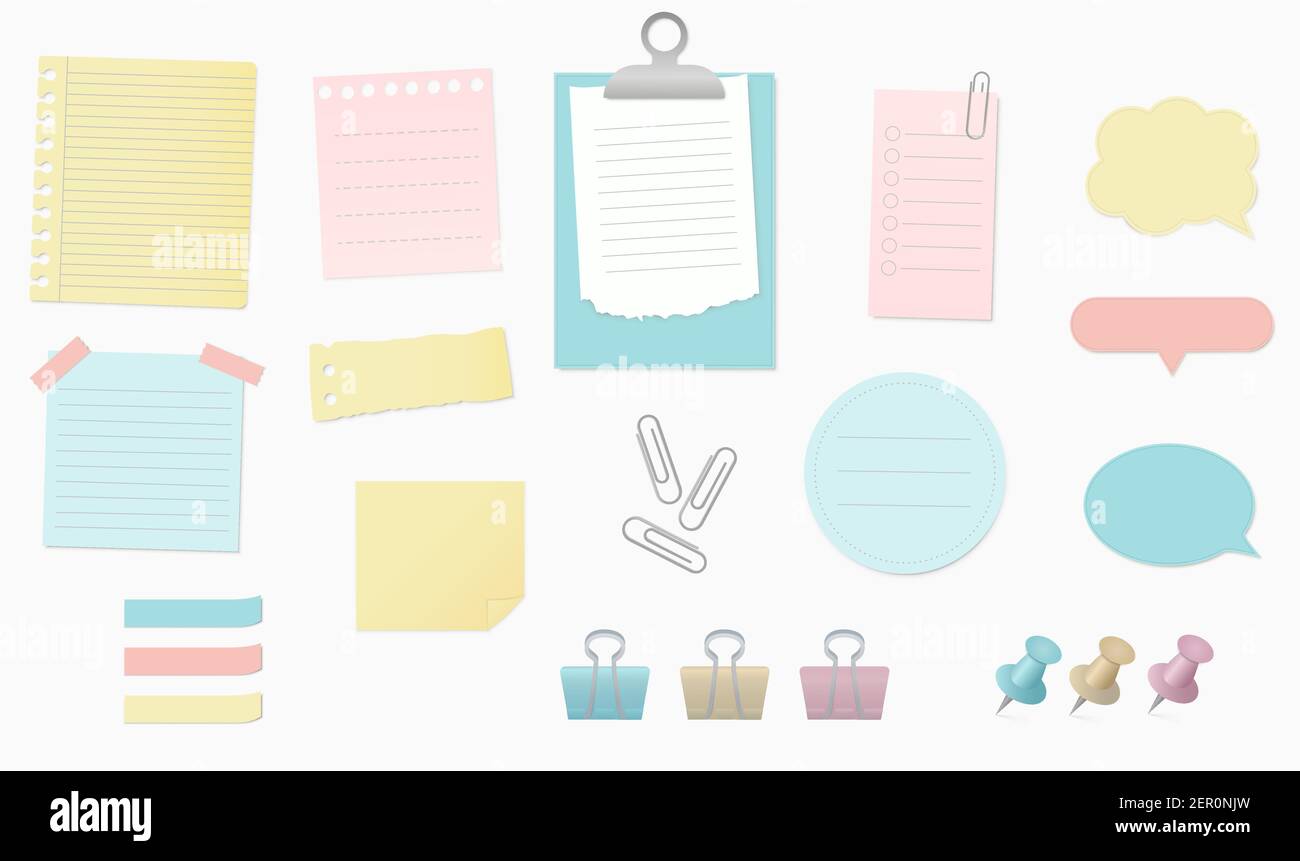 Note per striscioni in carta con nastri adesivi, spille, clip e scotch. Illustrazione vettoriale Illustrazione Vettoriale