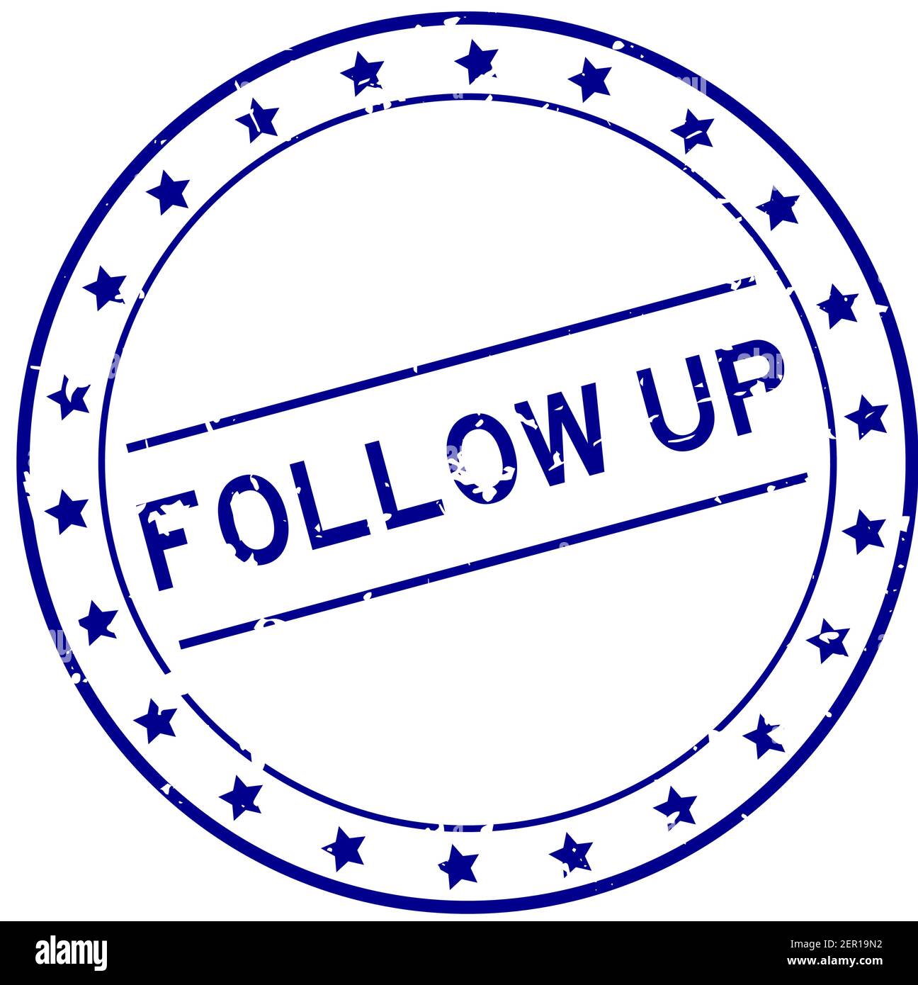 Grunge blu Follow-up parola rotonda guarnizione in gomma stampigliata su sfondo bianco Illustrazione Vettoriale