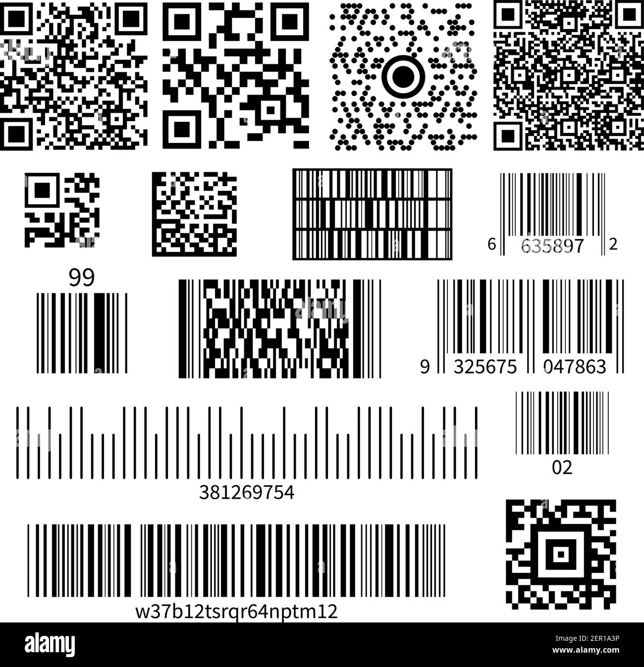 Codici a barre universali con codice prodotto realistici e bidimensionali illustrazione vettoriale del sistema di simboli e numeri della matrice Illustrazione Vettoriale