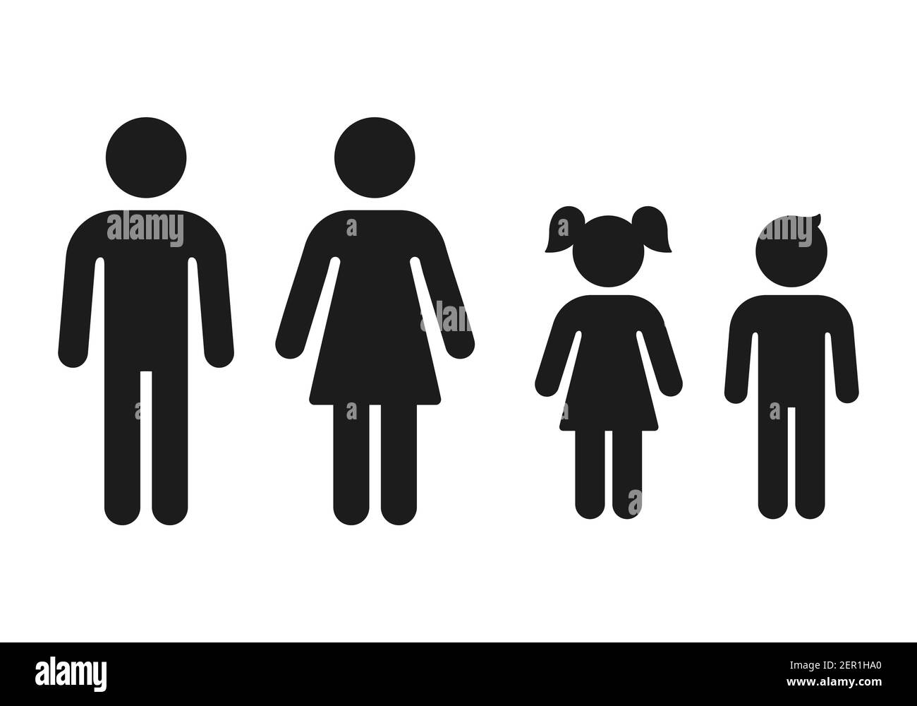Icone di genere uomo e donna, ragazza e ragazzo. Famiglia a figura semplice, adulti e bambini di sesso maschile e femminile. Set di simboli vettoriali. Illustrazione Vettoriale