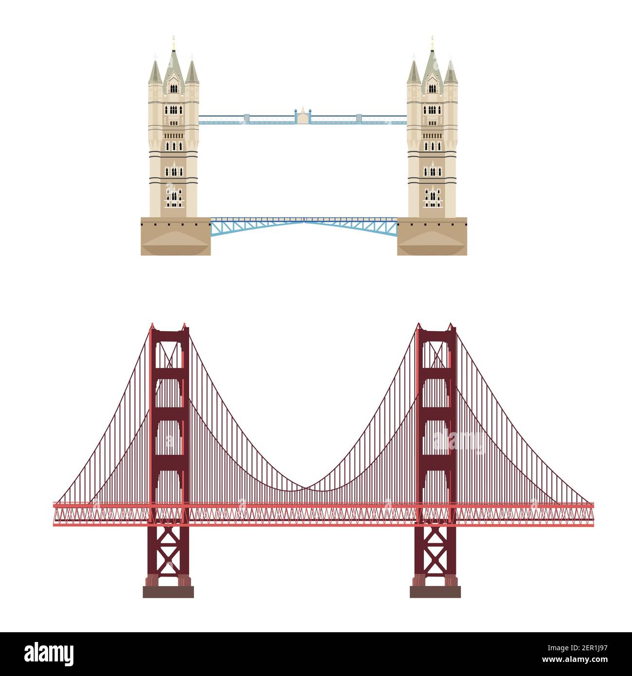 Immagine vettoriale icona del ponte della torre di Londra. Simbolo del Regno Unito. Ponte Golden Gate di San Francisco. Simbolo dello stato degli Stati Uniti d'America Illustrazione Vettoriale