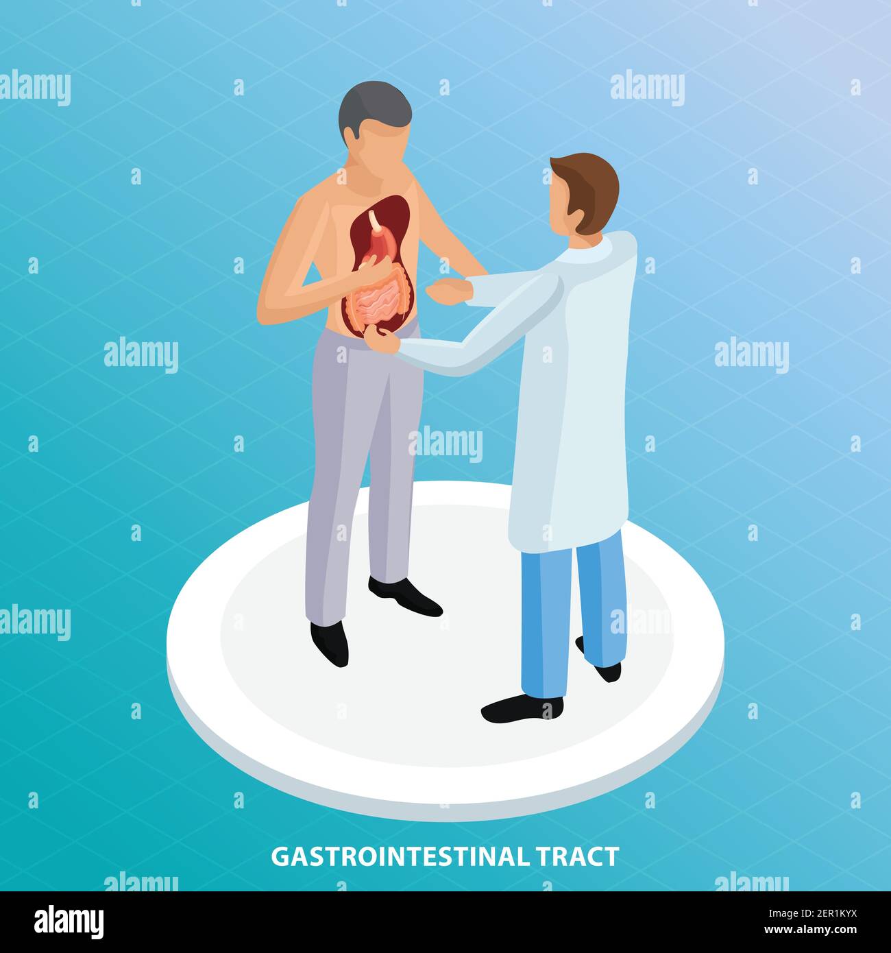 Probiotici sfondo isometrico con visione concettuale di medico e paziente caratteri con vista dell'illustrazione vettoriale degli organi umani Illustrazione Vettoriale