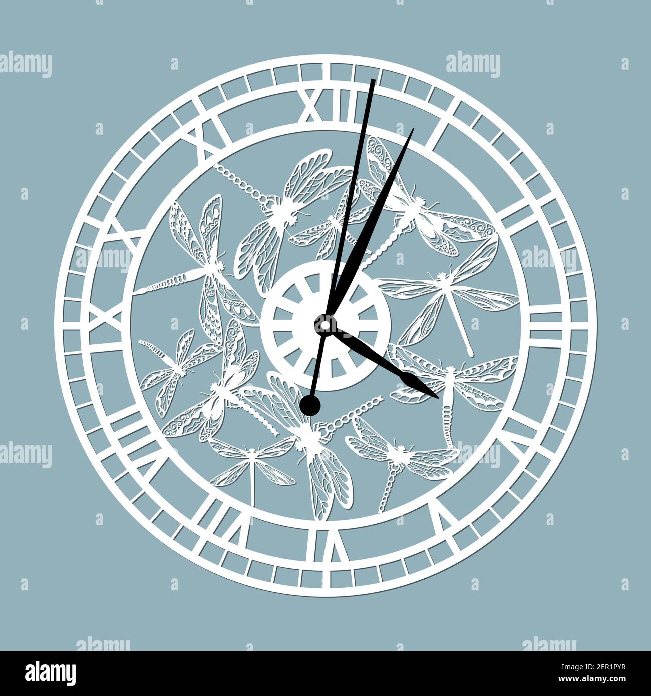 Semplice orologio faccia con numeri romani e libellule. Modello vettoriale per taglio laser. Silhouette di quadrante isolato su sfondo grigio. Tema floreale di Illustrazione Vettoriale