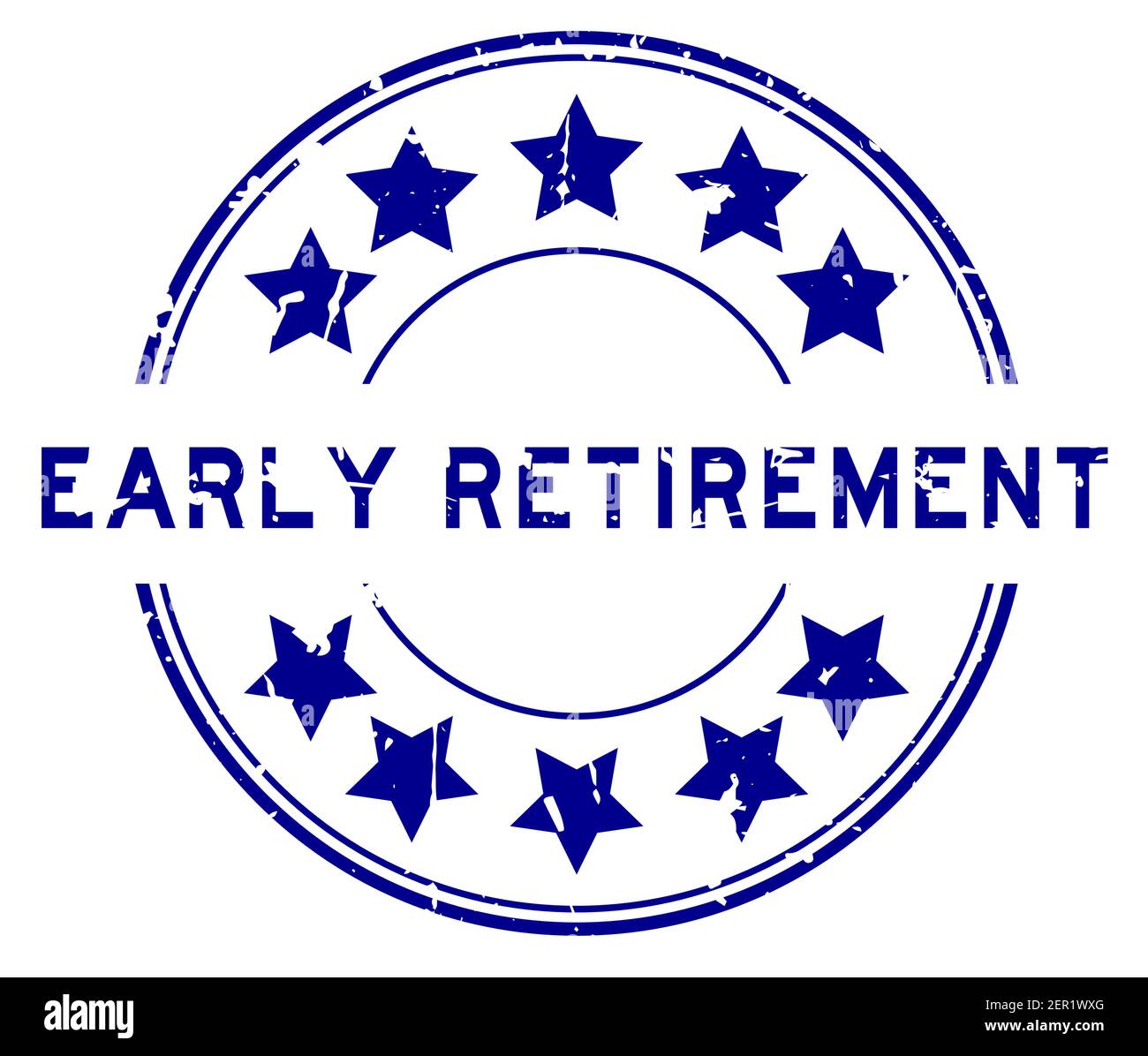 Grunge blu parola di ritiro anticipato con icona a stella in gomma rotonda timbro di tenuta su sfondo bianco Illustrazione Vettoriale
