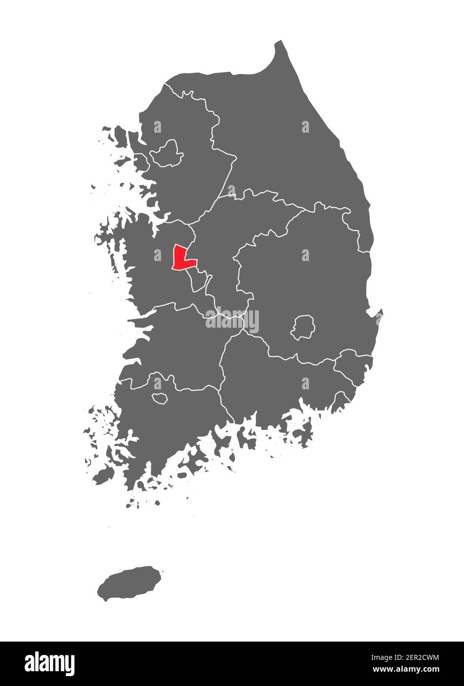 Mappa Corea della repubblica con provincia di colore rosso, Corea del Sud isolata su sfondo bianco . Illustrazione Vettoriale