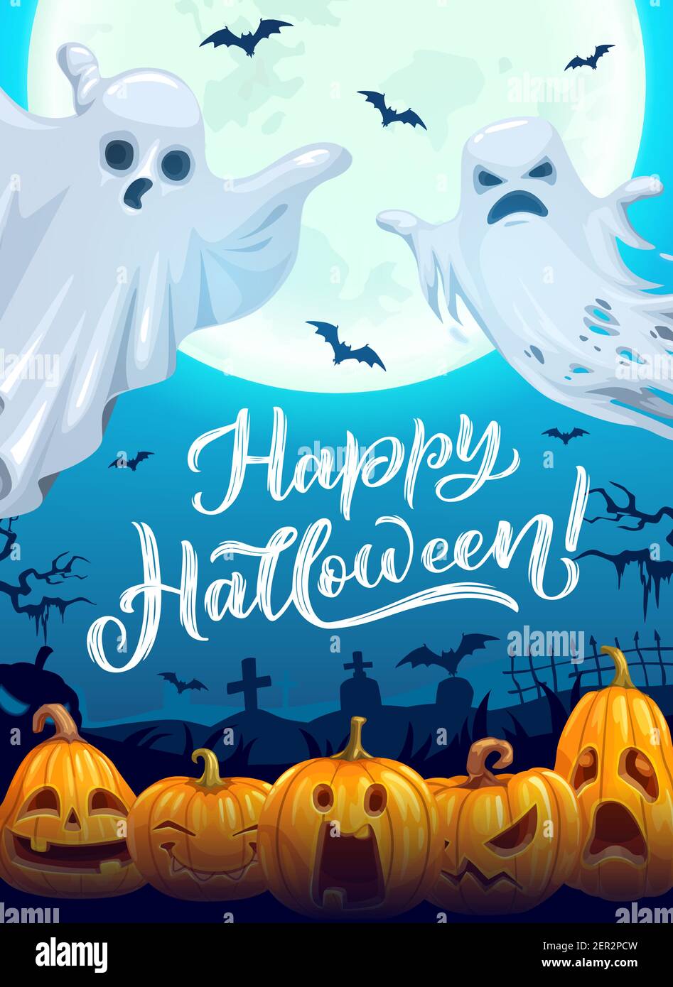 Poster di Halloween con fantasmi cartoni animati. Biglietto d'auguri  vettoriale con pook, pipistrelli volanti e zucche jack-o-lanterna sotto la  luce piena della luna sul cemeter notturno Immagine e Vettoriale - Alamy
