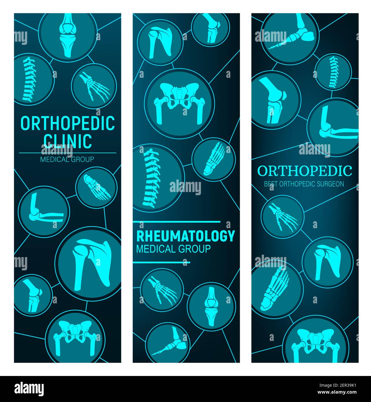 Ortopedia e reumatologia, trattamento delle malattie articolari. Articolazioni del corpo umano raggi X, colonna vertebrale, ginocchio e anca, bacino, spalla e piede, polso, vettore a gomito. Illustrazione Vettoriale