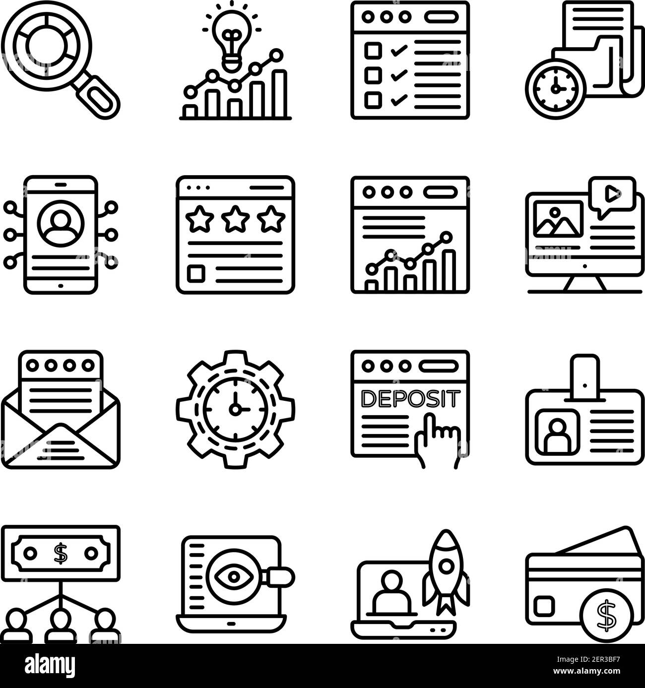 Pacchetto icone lineari per l'analisi dei dati e dell'azienda Illustrazione Vettoriale