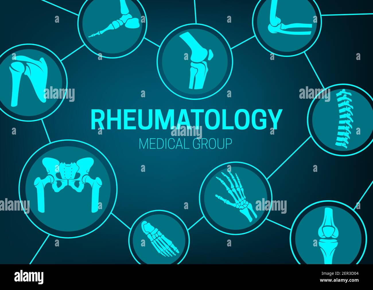Medicina di reumatologia, trattamento di malattie articolari e banner radiologico. Parti scheletriche del corpo umano, arti e ossa della colonna vertebrale, bacino e presa dell'anca, piede, polso Illustrazione Vettoriale