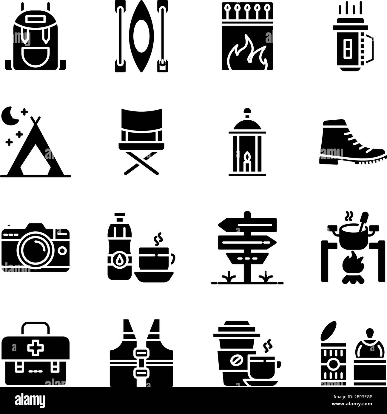 Confezione di accessori da campeggio icone piene Illustrazione Vettoriale