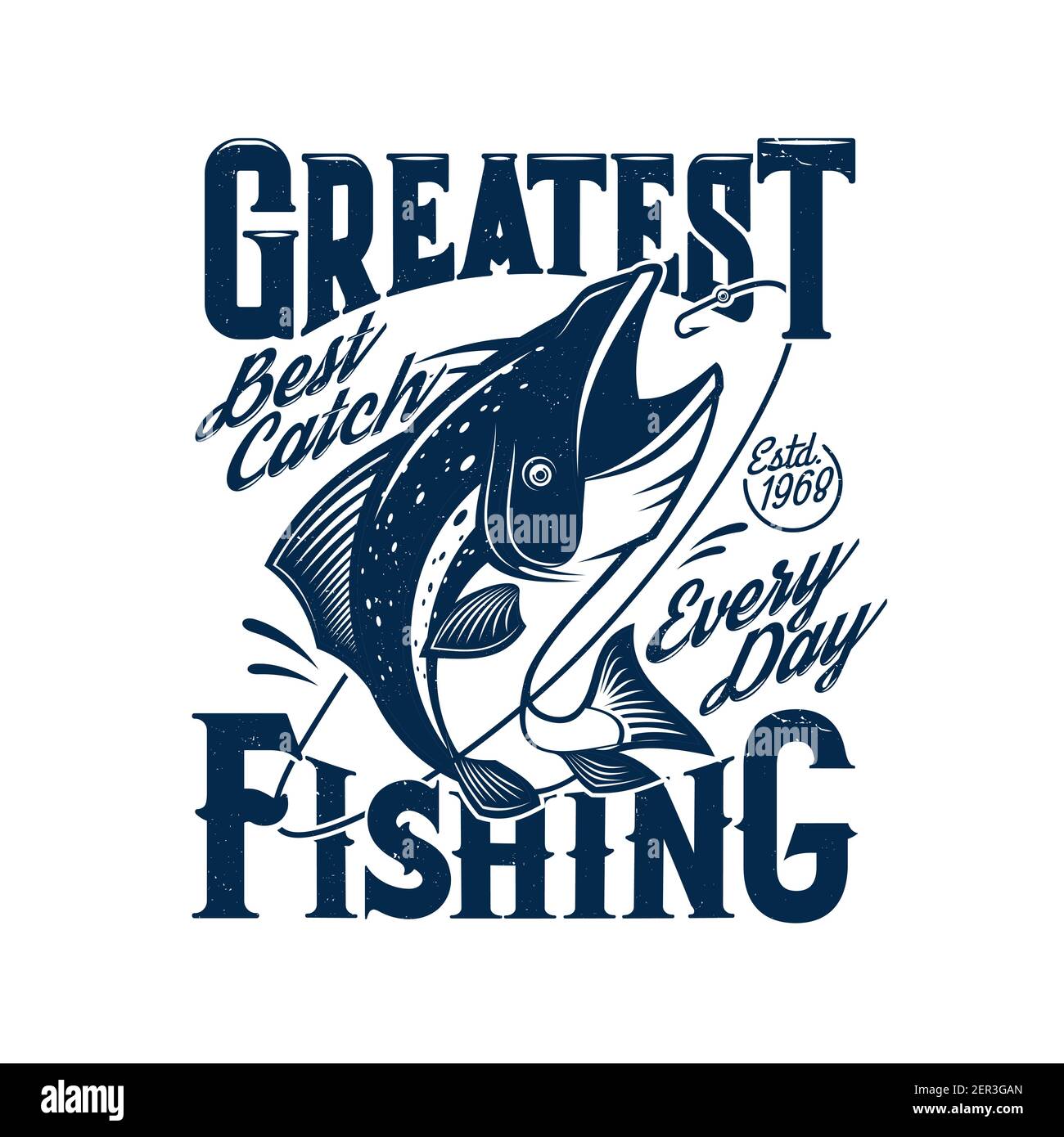TShirt stampa con tonno pesce pescante racchetta vettore fisher club mascotte. Creature sottomarine oceaniche o marine e la tipografia grunge più grande pesca, t sh Illustrazione Vettoriale