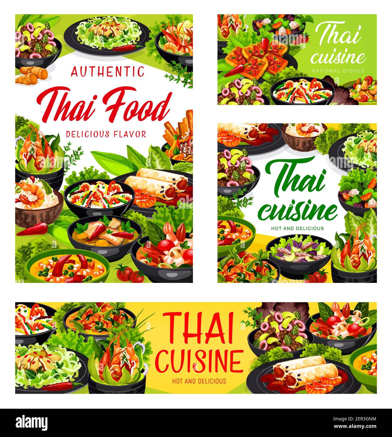 Thai cucina vettore involtini primavera, insalata tailandese con manzo e stagame, riso con latte di cocco e gamberi, insalata di calamari. Tom yam kung e insalata con gra Illustrazione Vettoriale