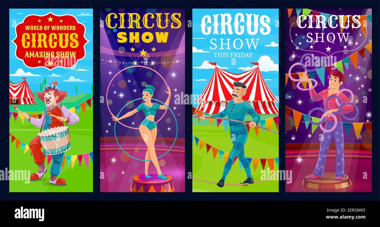 Banner vettoriali Circus performers. Grande top gymnast donna, clown, ropewalker e giocolieri cartoon personaggi in cima tenda arena con acrobazie e magica Illustrazione Vettoriale