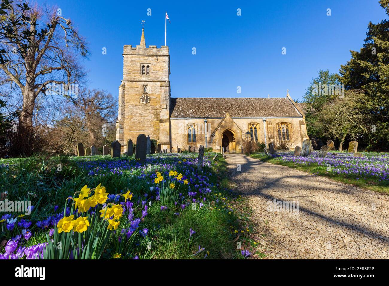 Bulbi primaverili nel cortile di St James il Grande a Birlingham villaggio, Worcestershire, Inghilterra Foto Stock
