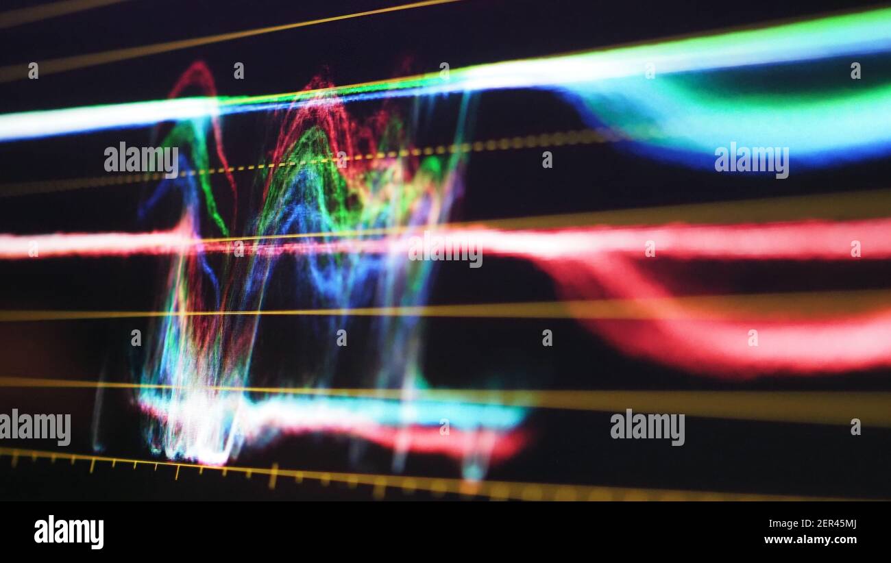 Grafico di classificazione del colore o indicatore di correzione del colore RGB sul monitor durante il processo di post-produzione. Fase di telecine nell'elaborazione della produzione di video o film. f Foto Stock