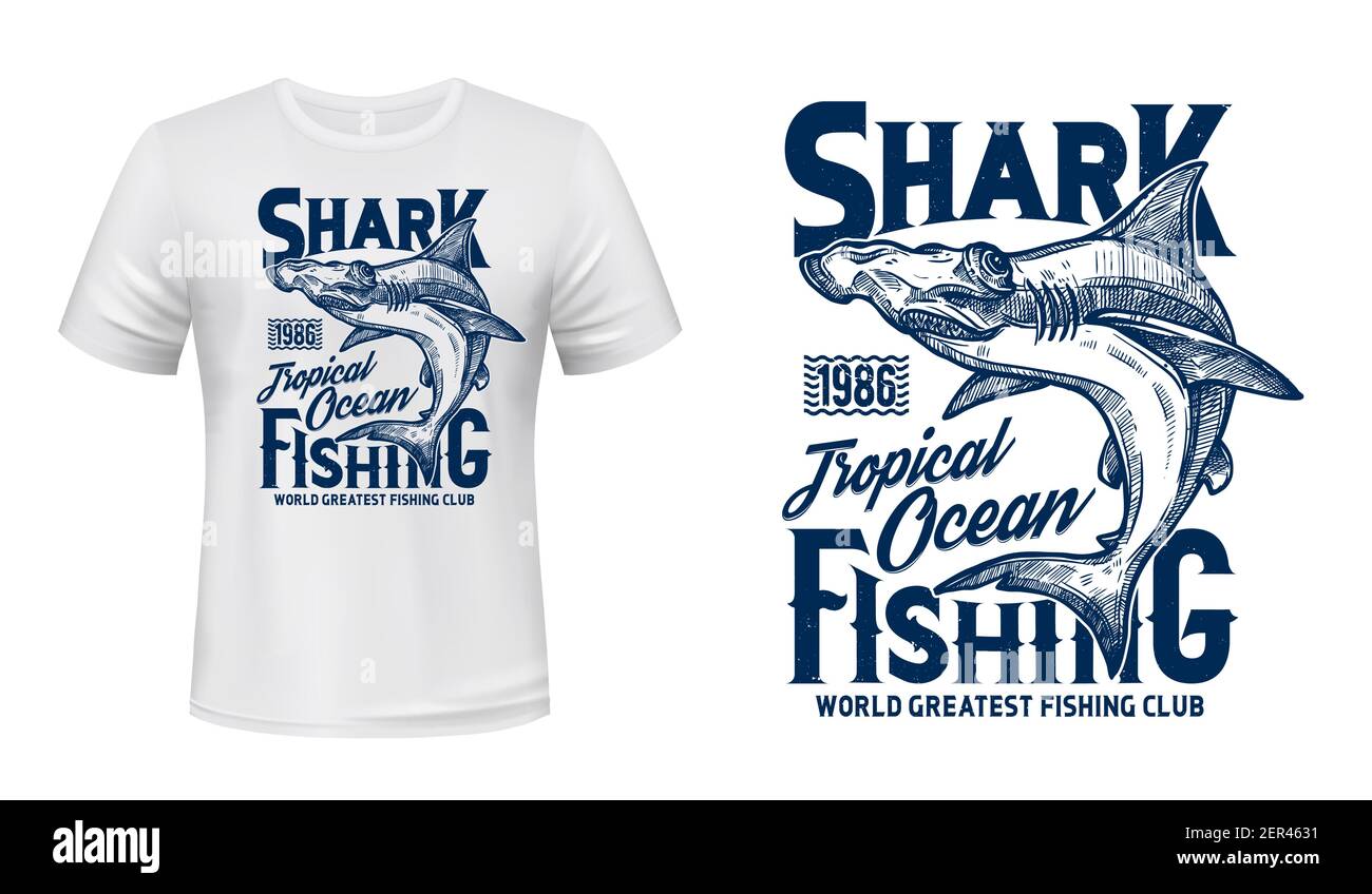 Stampa T-shirt con squalo testa martello, mascotte vettoriale per pesca o club subacqueo, disegno mare predatore animale e tipografia blu su abbigliamento bianco templa Illustrazione Vettoriale