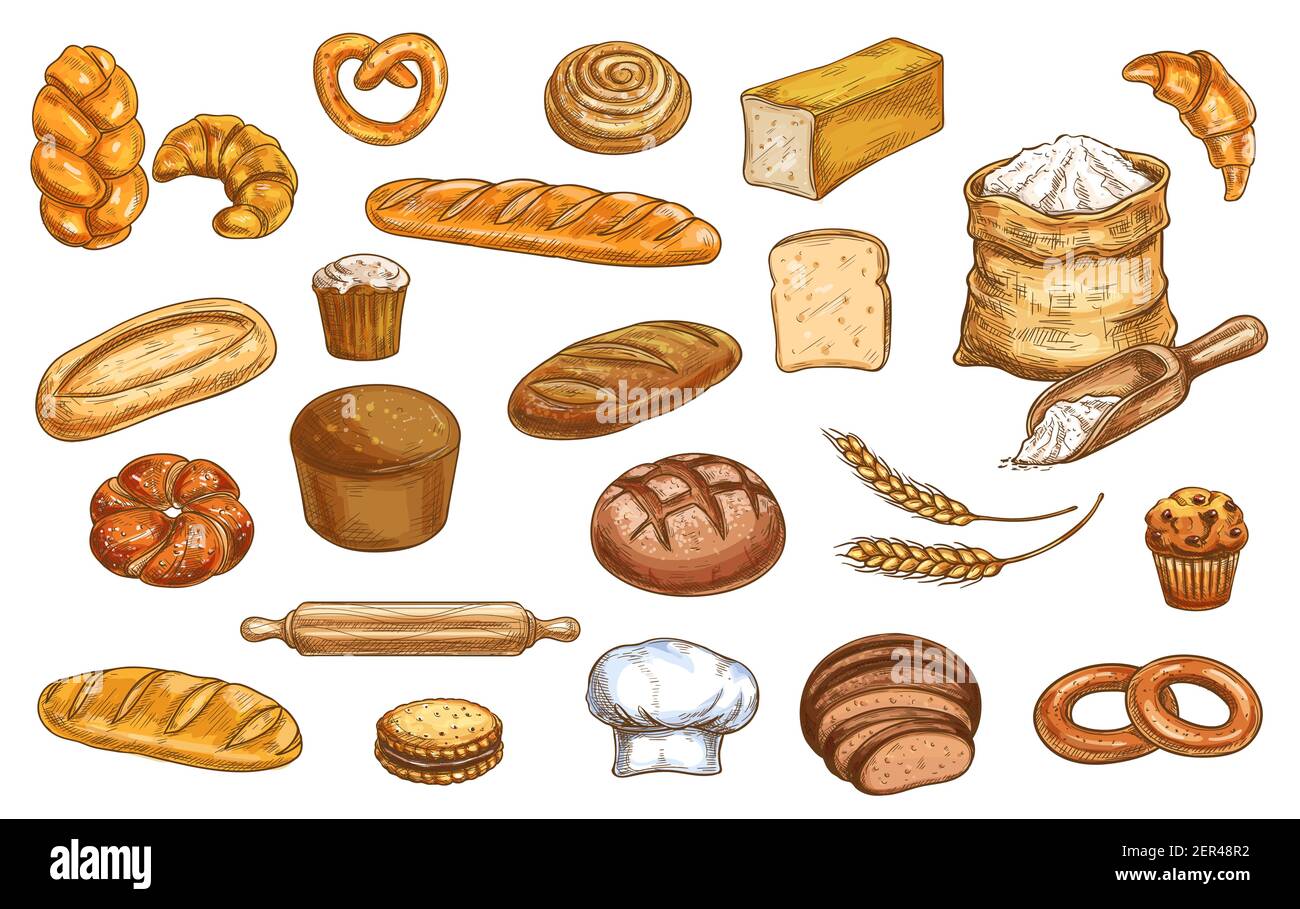 Pane, bozzetto da forno e pasticceria, icone vettoriali di cibo cotto. Baguette per pane da forno, croissant e pasticceria di grano, pane di segala, bagel e pita, pane tostato Illustrazione Vettoriale